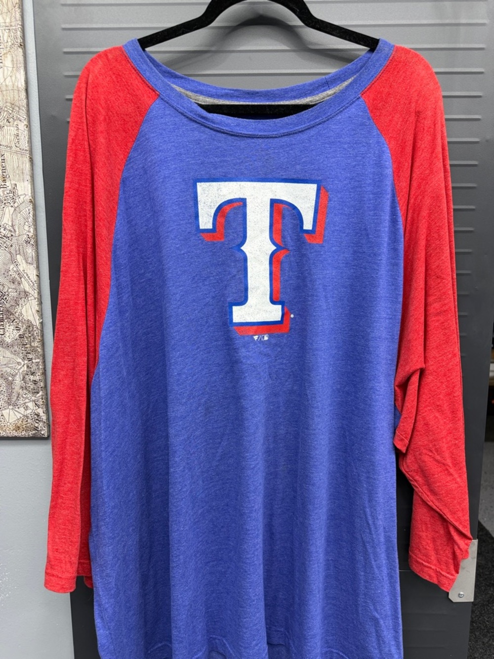 Fanatics Long Sleeve Raglan Tee in Blue and Red with White Logo